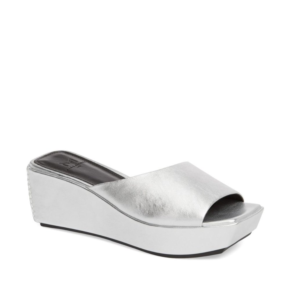 Marc Fisher NEW Sandal Platform Slide Mule Leather Flatforms SILVER Women 10